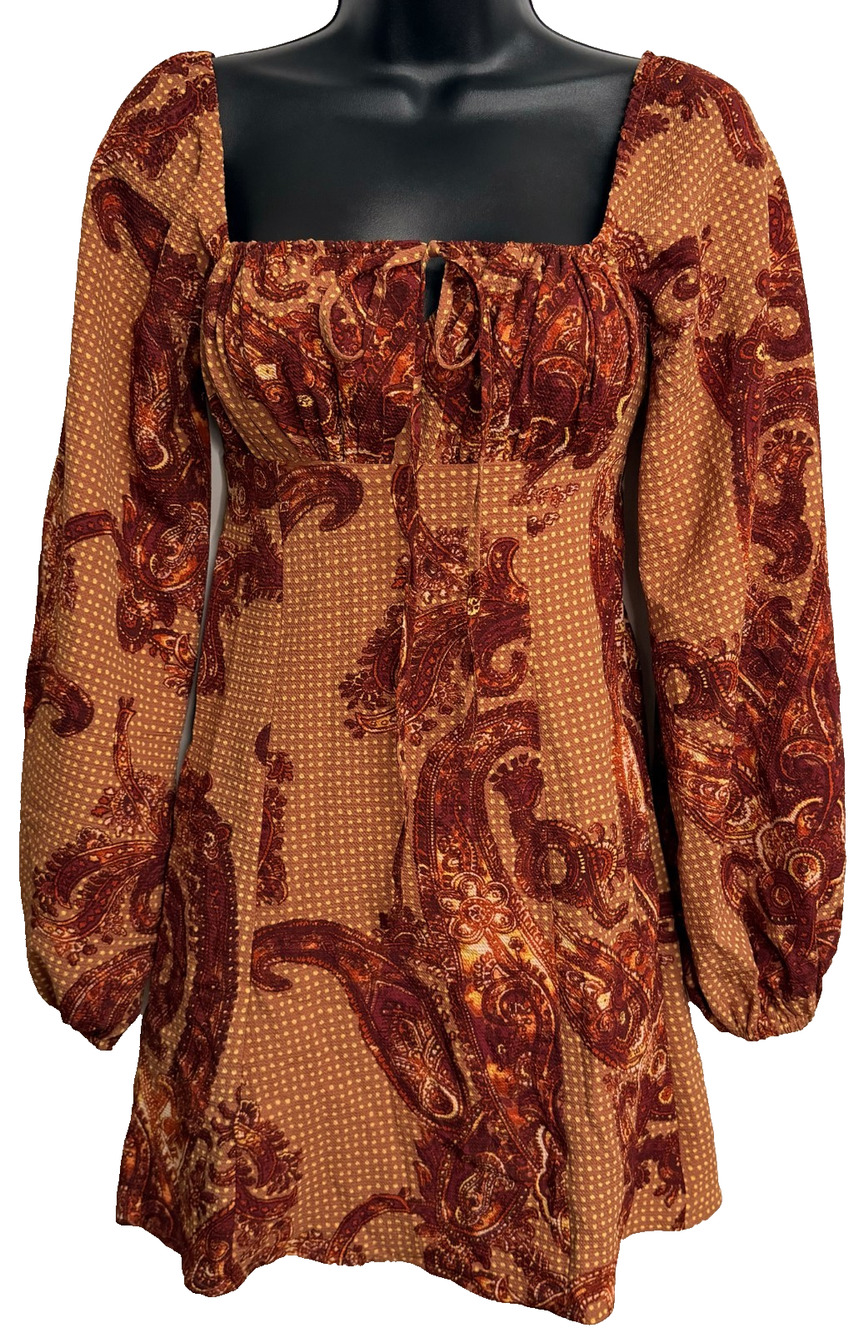Urban Outfitters Vivienne Printed Long Sleeve Mini Dress Women's XS Brown NEW